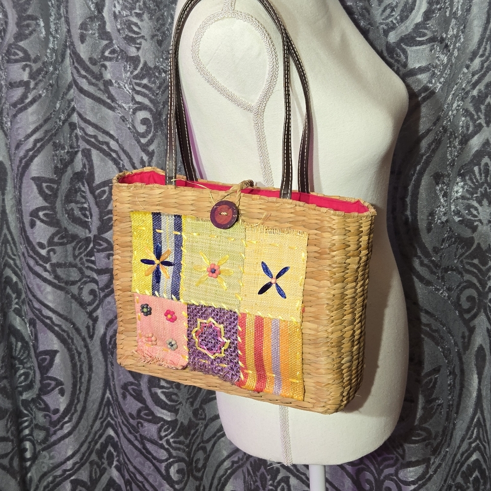 Colorful Patchwork Straw Tote Bag